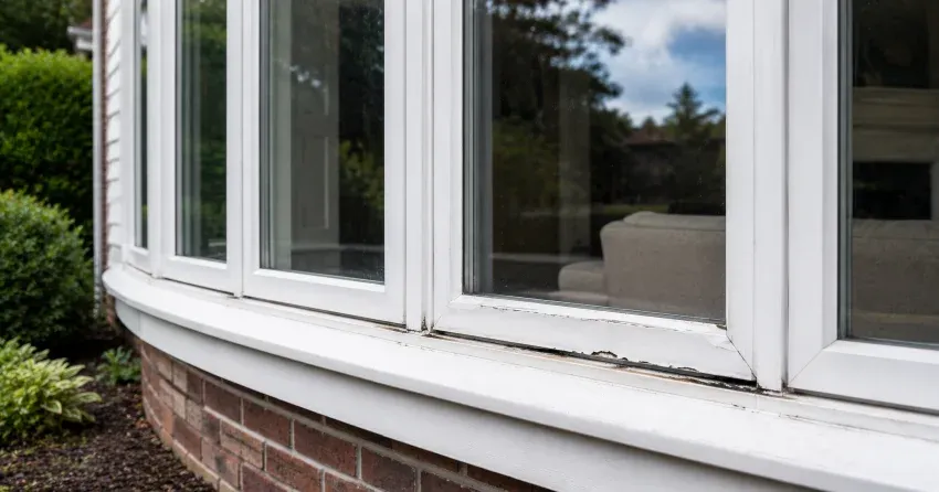 technician inspecting bow window frame and seal for damage in Newcastle