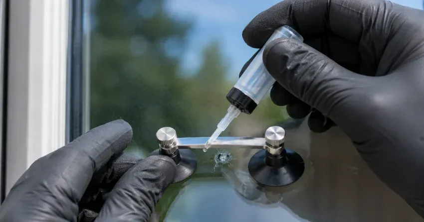 technician performing chipped glass repair on a window in North Village, Newcastle