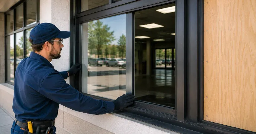 technician boarding a broken window after a break-in in North Village, Newcastle