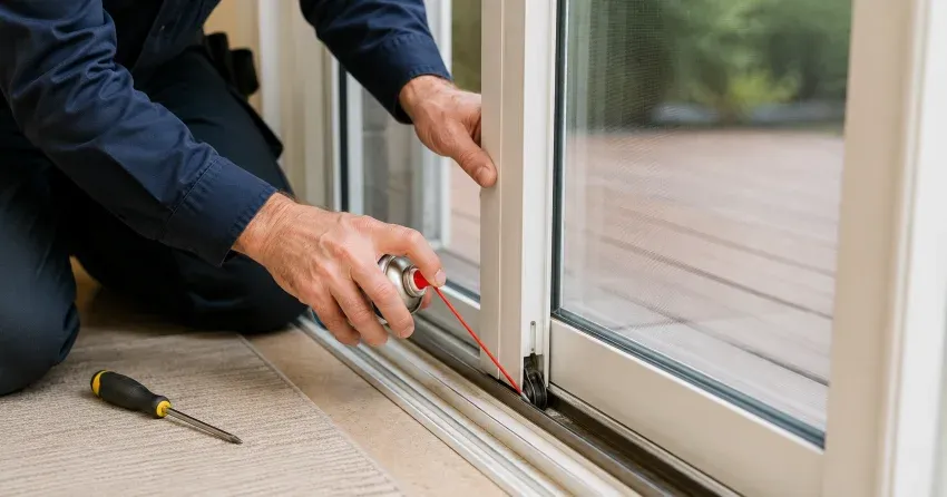 technician inspecting door hinge hardware and alignment in Newcastle