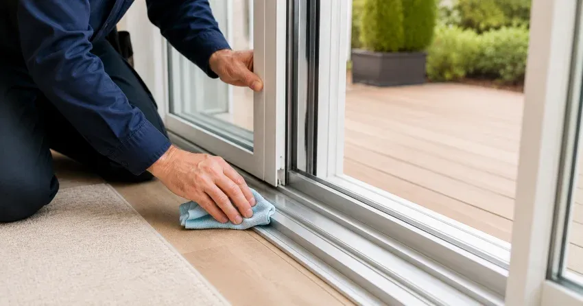 technician inspecting a sliding patio door track in Monroe & North Street Corridor, Newcastle