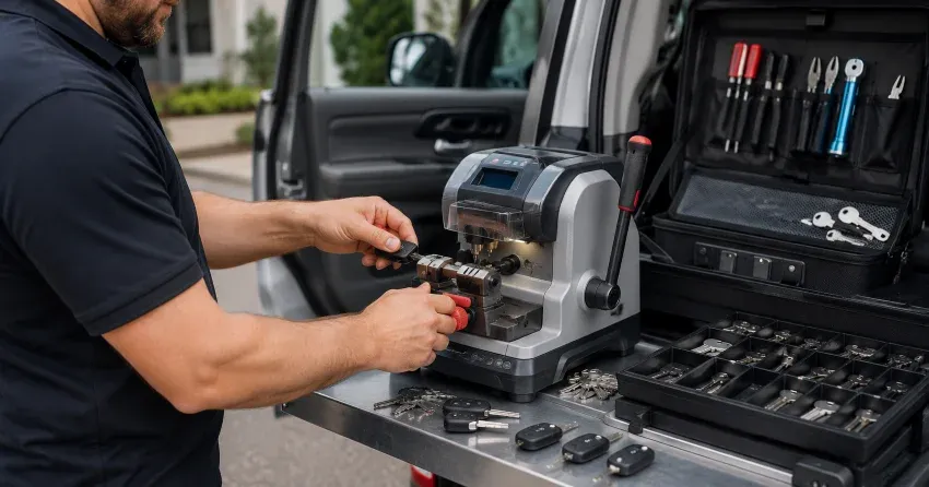 technician cutting a replacement car door lock key in Community Complex, Newcastle