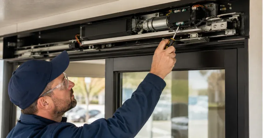 technician completing automatic door repair on residential property in Newcastle