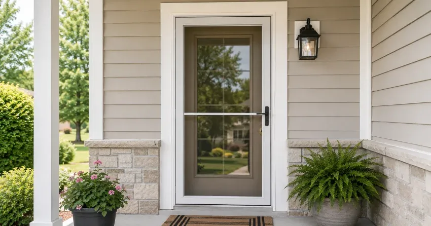 technician hanging storm door square and plumb in Community Complex, Newcastle
