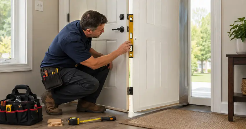 technician diagnosing a misaligned door frame in Downtown Core, Newcastle