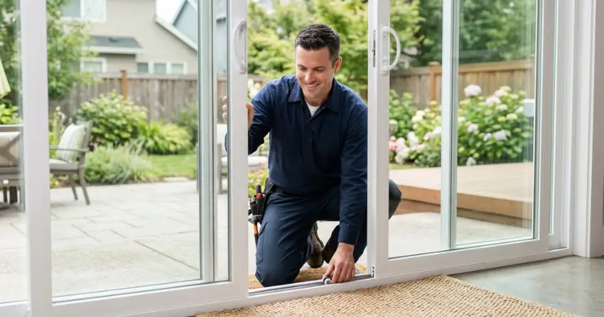 technician diagnosing a sticking patio door in Newcastle