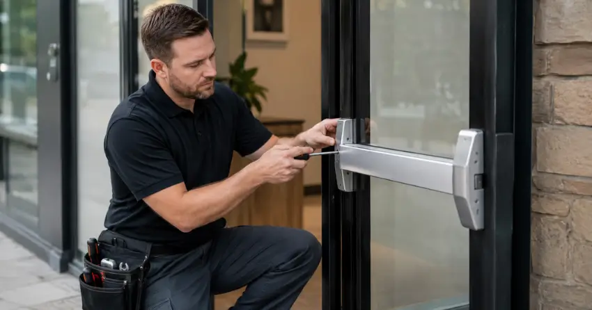 commercial locksmith repairing exit device on storefront door Community Complex, Newcastle