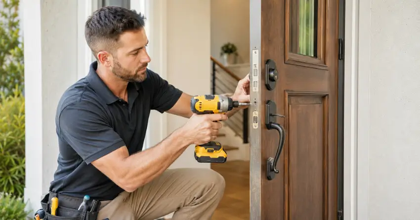 locksmith installing new deadbolt lock on front door in Newcastle