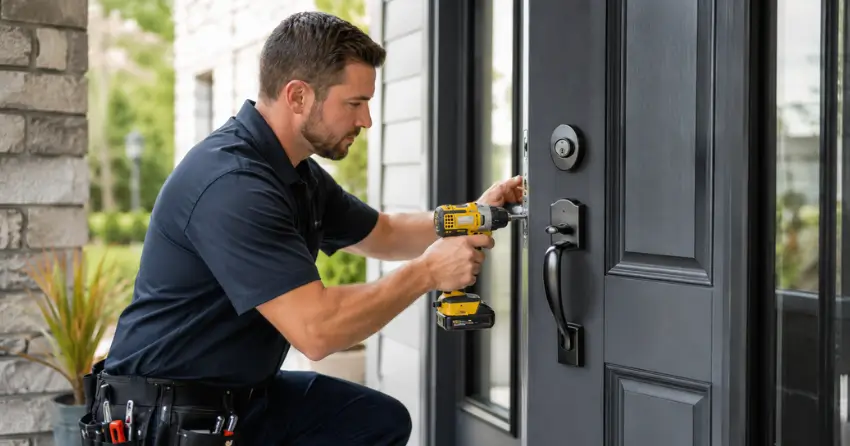 locksmith installing deadbolt lock on exterior door in Newcastle