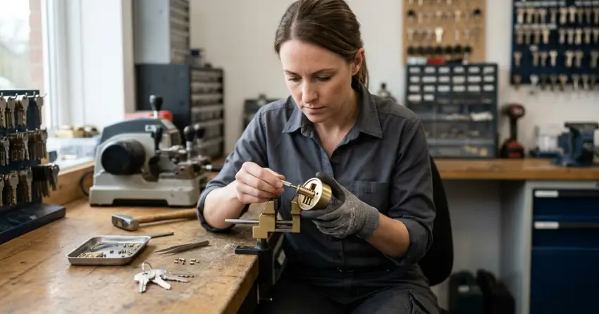 locksmith technician rekeying a deadbolt in Newcastle
