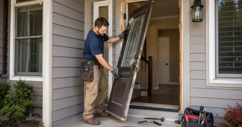 old exterior door being removed for replacement in Community Complex, Newcastle