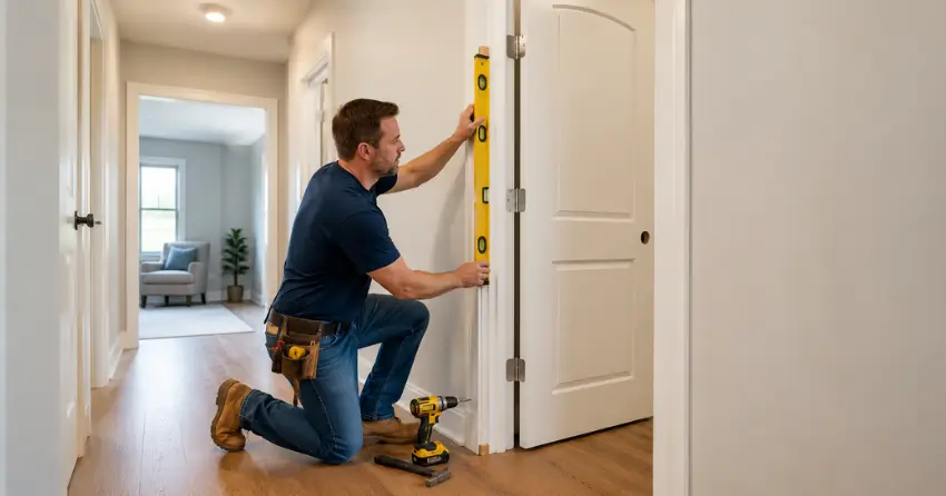 technician installing a pre-hung interior door in a home hallway North Village, Newcastle