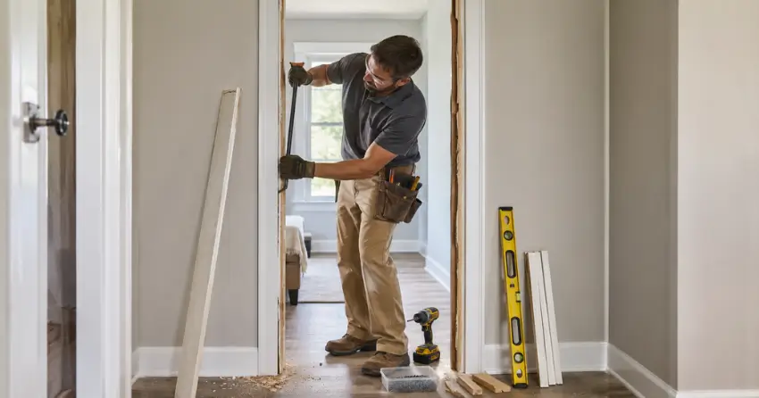 technician removing an old interior door frame during installation Community Complex, Newcastle