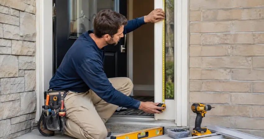 technician measuring door frame before storm door install in Monroe & North Street Corridor, Newcastle