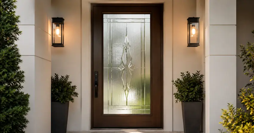 decorative frosted glass panel installed in a front door in Downtown Core, Newcastle