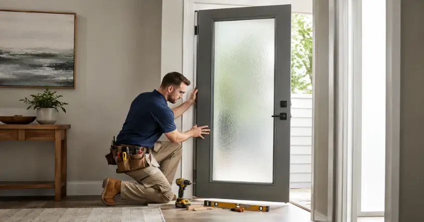 glass panel door installation with frosted privacy glass in residential setting in Monroe & North Street Corridor, Newcastle