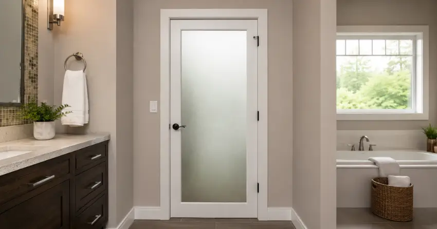 frosted glass panel bathroom door installed in a Community Complex, Newcastle home
