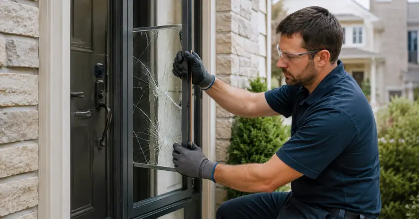 technician removing cracked storm door glass panel in Monroe & North Street Corridor, Newcastle
