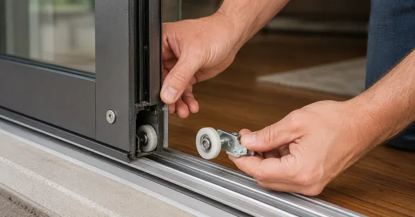 sliding door alignment Newcastle technician adjusting roller track