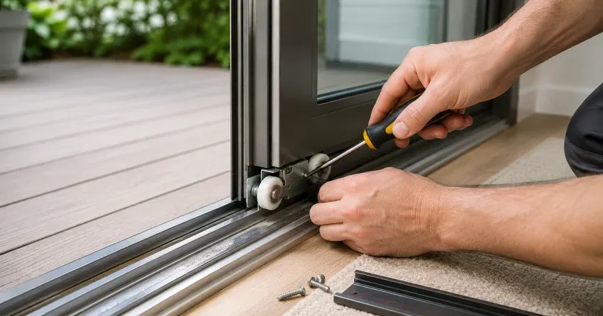 sliding door fix Newcastle technician diagnosing track issue