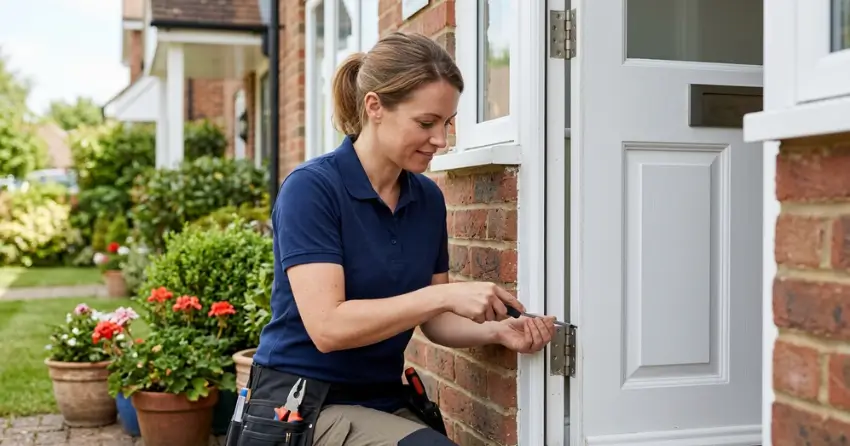 technician repairing exterior door hinge and frame in Newcastle