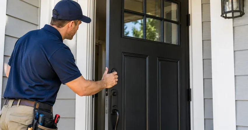technician adjusting door hinge and strike plate in Monroe & North Street Corridor, Newcastle home