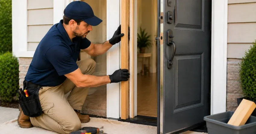 technician inspecting damaged door frame corner in Newcastle