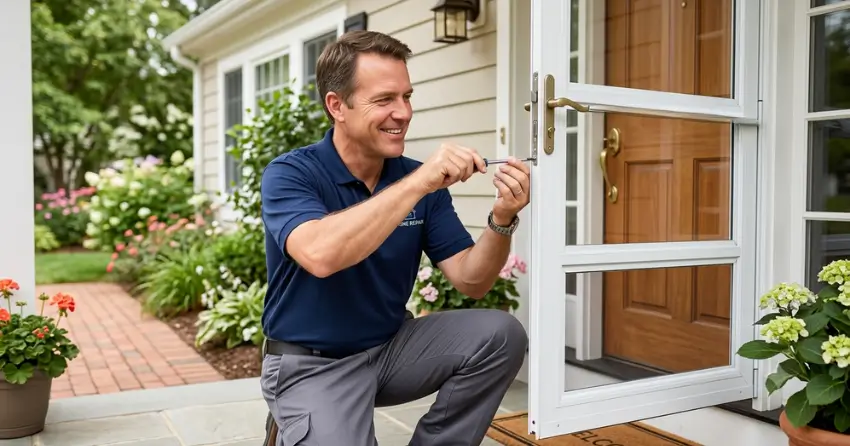 technician adjusting storm door hinge and closer in Community Complex, Newcastle
